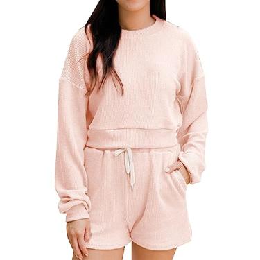 Imagem de Conjunto de dois conjuntos de roupas femininas primavera outono sólido gola redonda manga longa pulôver top elástico cintura alta conjunto curto conjunto, rosa, XX-Large