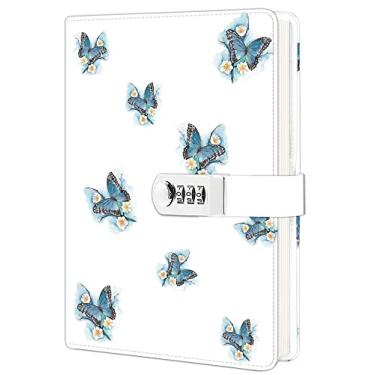 Imagem de Diário com cadeado para meninas, diário de couro PU A5 com cadeado para mulheres, diário secreto de 220 páginas com cadeado (borboleta)