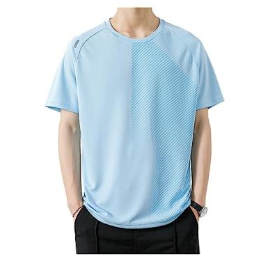 Imagem de Camiseta masculina atlética manga curta respirável lisa lisa secagem rápida 4-way stretch treino, Azul claro, G