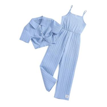 Imagem de OYOANGLE Conjunto de 2 peças para meninas, de manga curta, de botão, blusa cropped e calça larga, Texturizado azul, 9 Anos