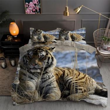 Imagem de Jogo de cama Tiger King, capa de edredom de tigre com 3 peças, para decoração de quarto, capa de edredom de microfibra macia 264 x 233 cm e 2 fronhas, com fecho de zíper e laços