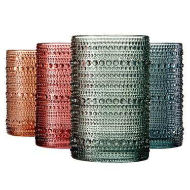 Imagem de Khen Hobnail Copos de copo alto com contas | Conjunto de 4 | Cor, Vintage Bubble Design Whisky, Antiquado, Design em relevo para água, vinho, coquetel em relevo, vidro de pedras