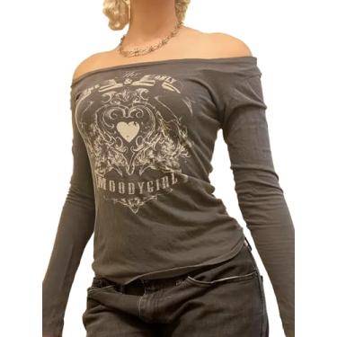 Imagem de SHENHE Camiseta feminina com estampa de coração Y2k com ombros de fora Y2k, Marrom chocolate, M