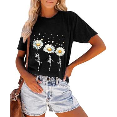 Imagem de Camiseta feminina Daisy Faith Love Hope estampa borboleta verão manga curta, Preto, M