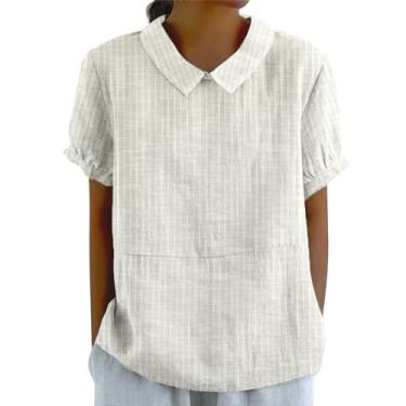 Imagem de Camisetas femininas de linho listradas de verão, casuais, soltas, gola redonda, manga curta, túnica básica e confortável, Bege, 3G