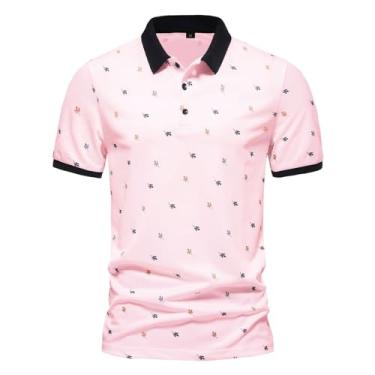 Imagem de Camisas polo masculinas estampadas, gola virada para baixo, manga curta, camisas polo casuais justas, Rosa, M