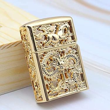 Imagem de Isqueiro vintage Groove com padrão de dragão Isqueiro de querosene recarregável - Isqueiro de querosene com rodas - Isqueiro antigo - Isqueiro dourado antigo