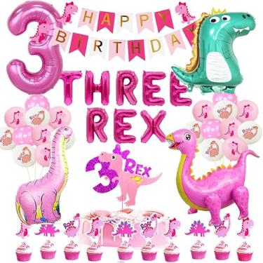 Imagem de Artigos de festa de dinossauro rosa, tema de dinossauro rosa Baby Grl, três decorações de festa de aniversário Rex, artigos de festa de aniversário de 3 anos de idade. Artigos de festa de dinossauro rosa.