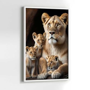 Imagem de Quadro Felina Leoa 3 Filhotes com Moldura Decorativo 90x60 Sala de jantar Quarto Decoração Vertical Parede