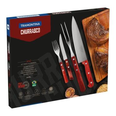 Imagem de Kit Para Churrasco Tramontina Em Aço Inox Com Cabo Vermelho Polywood 14 Peças