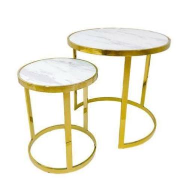 Imagem de Par de Mesas Laterais Encaixe Metal Dourado Tampo Marmore - LUXdécor