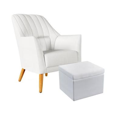 Imagem de Poltrona Decorativa Orion Bordada com Puff Quasar Couro Branco Aradeco