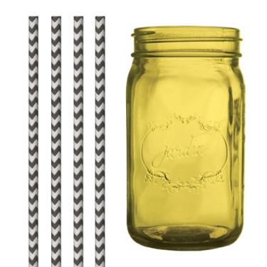 Imagem de Dress My Cupcake Pote de conserva de jardin vintage amarelo âmbar com canudos chevron pretos, 946 ml