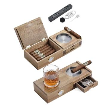 Imagem de Joyoldelf Conjunto de umidificador de charuto com cinzeiro - caixa de charuto de madeira com higrômetro, umidificador e gaveta de cortador, forro de cedro espanhol - conjunto de presente para homens