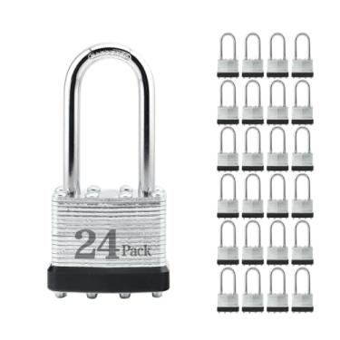 Imagem de ZonRo Cadeados com chave de aço laminado, fechaduras semelhantes com chave, 4 cm de largura, cadeados de manilha longa, pacote com 24, argola preta, para trava de ferrolho, galpões, cercas, armário de