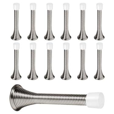 Imagem de KISEER – Protetor de porta de níquel acetinado, pacote com 12 unidades de 3 1/4" de aço inoxidável flexível, resistente para portas de mola com parafusos à prova de ferrugem e pontas de borracha bran