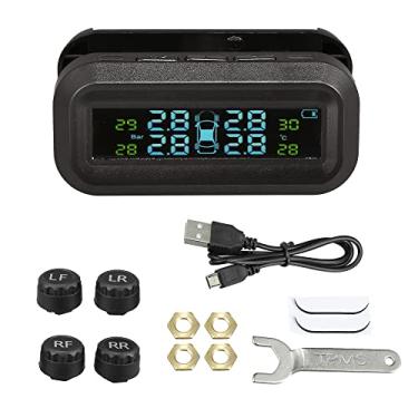 Imagem de X AUTOHAUX Sistema de monitoramento de pressão de pneu TPMS carregador solar sem fio universal monitor 5 modos de alarme LCD exibição em tempo real com 4 sensores externos Smart Car Tire Monitor para