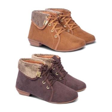 Imagem de Kit 2 Pares Bota Coturno Feminino Pele Leve Cano Curto Salto Baixo - L
