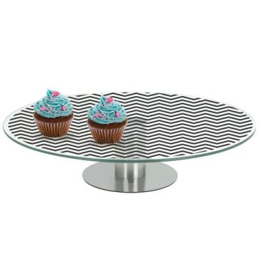Imagem de Prato de Bolo Doce 30Cm Vidro Decoração Base Inox - Wincy Casa