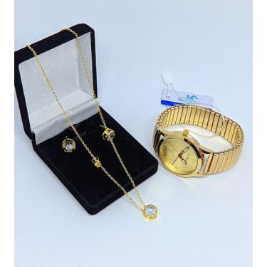 Imagem de Kit Relógio Feminino Quartz aço inox Pulseira elástica analógico Redon