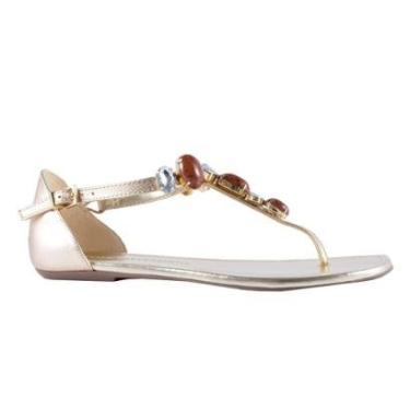 Imagem de Sandália Rasteira em Couro Ouro / Dourado Com Pedrarias Loucos e Santos-Feminino