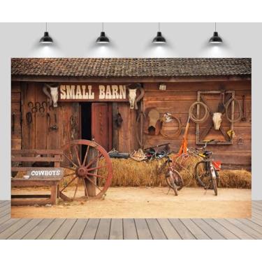 Imagem de CHNYWORK 2,1 m x 1,5 m Cowboys Western Barn pano de fundo country casa de fazenda de madeira palheiro bicicleta rústica ferramentas de fazenda fundo selvagem menino homem aniversário decoração de