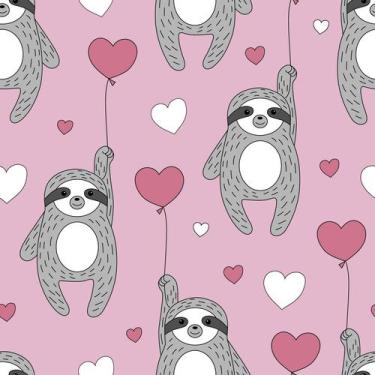 Imagem de Papel De Parede Adesivo Bicho Preguiça E Corações Rosa Quarto  12m - D