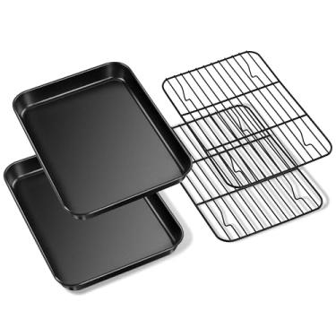 Imagem de E-far Assadeira de forno torradeira com conjunto de prateleira, 22 x 18 x 2,5 cm, assadeiras com grades de resfriamento, resistente a deformações e resistente, antiaderente e fácil de limpar (2 folhas