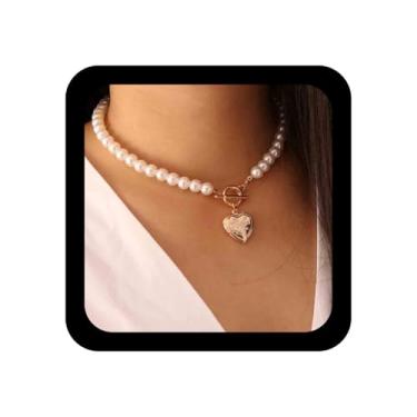 Imagem de Allereyae Colar gargantilha de pérola vintage, círculo de ouro, colar de barra em T, colar de coração boêmio, colar com pingente de coração, corrente para mulheres e meninas, Metal