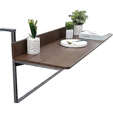 Imagem de Mesa de bar de varanda para trilhos, mesas laterais ao ar livre, grade de varanda, mesa dobrável para varanda, mesa de deck ajustável para pátio, jardim, imitação de madeira de 1,5 cm, 60 x 37 cm