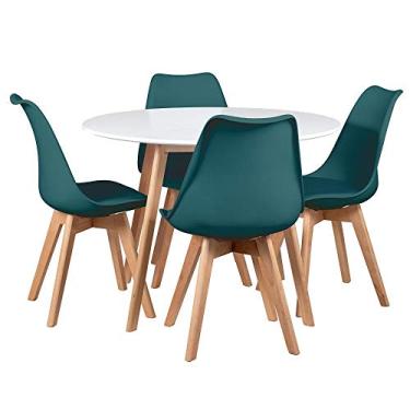 Imagem de Loft7, Mesa redonda 100 cm branco + 4 cadeiras Leda verde escuro
