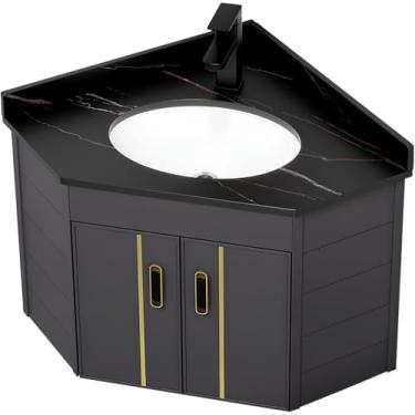 Imagem de Armário de banheiro montado na parede com conjunto de pia pia de canto flutuante, armário de armazenamento de banheiro moderno com torneira quente e fria, para espaços pequenos preto/branco/cinza,