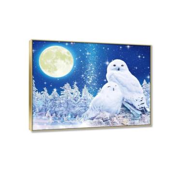 Imagem de JZSDGB Moldura dourada - Tela de neve de inverno, arte de parede, natureza, paisagem, impressão em tela, inverno, lua, animal, coruja, pintura para paredes de casa moderna, corredor, quartos, 60 x 80