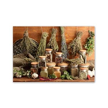 Imagem de Decoração de parede de fotos de cozinha, especiarias e ervas rústicas frutas alimentos arte de parede arte de parede fotos de alimentos impressão em tela arte de comida para sala de jantar decoração