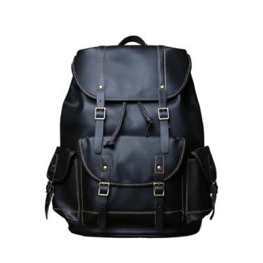 Imagem de Mochila masculina de couro genuíno vintage, mochila de couro de vaca, bolsa de viagem de grande capacidade para laptop(Black)