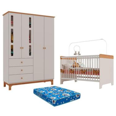 Imagem de Berço Mini Cama Pega Pega e Guarda Roupa Antonella 4 Portas Off White Caramelo com Colchão Ortobom - Canaã