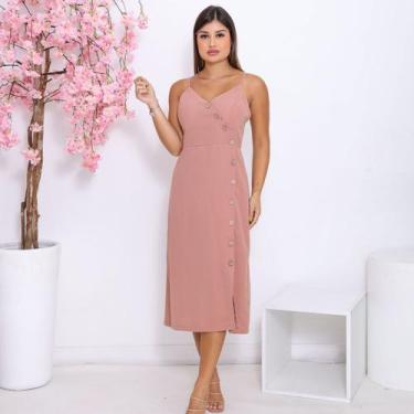 Imagem de Vestido Midi Feminino De Alcinha e Botões com Fenda Decote V Delicado 