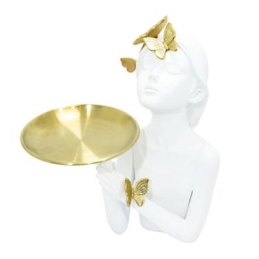 Imagem de Escultura em Resina Branca Menina Com Borboletas e Bandeja em Metal Do