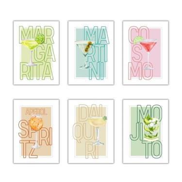 Imagem de Conjunto de arte de parede de coquetel moderno com 6 - 20 x 25 cm - Margarita Martini Cosmo Aperol Spritz Daiquiri Mojito Arte - Decoração de cozinha - Imagens de sala de jantar - Coleção de decoração