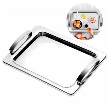 Imagem de Bandeja Inox Retangular Com Alça 38x28cm Travessa Rasa Media Para Serv