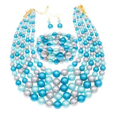 Imagem de Falso Big Pearl Srand Colares para Mulheres 5 Camadas Pérolas Gargantilha Colar Colar Pulseira e Brincos Conjunto 1920 Fantasia Pérola Joias Casamento, Adjustable, Zinco, Pérola sintética