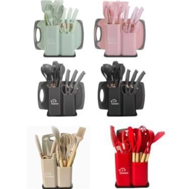 Imagem de Utensilios para Cozinha Silicone Kit com 19 Peças Cabo Madeira Conjunto Completo Espátula Concha Colher Jogo Suporte Faca Antiaderente Tabua Tesoura Faqueiro