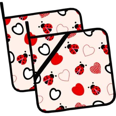 Imagem de Porta-panelas de joaninha e coração, 2 peças, almofadas quentes resistentes ao calor para cozinhar, grelhar, assar, churrasco, suporte de panela para mulheres, cozinhar, casa, micro-ondas