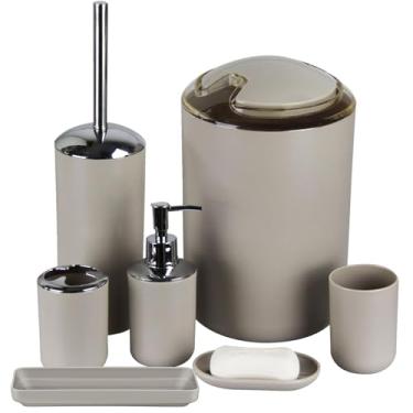 Imagem de IMAVO Conjunto de acessórios de banheiro, conjunto de presente de plástico de 6 peças, suporte de escova de dentes, copo de escova de dentes, dispensador de sabonete, suporte de escova de vaso sanitário, lixeira (Pricot)