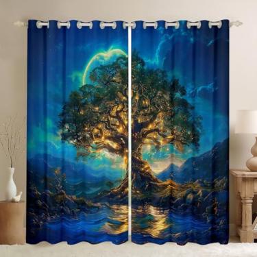 Imagem de Cortinas de janela para crianças, árvore dourada, lua, montanha, natureza, rústica, cabana para meninas, meninos, tríplice botânica, boêmia, azul, retrô, tratamentos de janela, ilhós, conjunto de 2