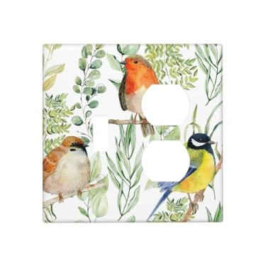 Imagem de Verde Olive Sage Vine Leaf Birds 1-Toggle 1-Duplex Receptáculo Placa de Parede 2 Gang, Aquarela Tree Branch Summer Flower Floral 2 Gang Combo Single Toggle/Light Switch One Duplex Outlet Faceplate