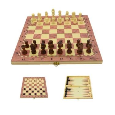 Imagem de Tabuleiro 3 em 1 Jogo de Xadrez Dobrável Dama e Gamão feito em Madeira