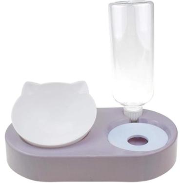 Imagem de Bebedouro e Comedouro para Gatos 2 em 1, com garrafa 500ml, tigela inclinada antivômito, base alta, fácil de limpar, ideal para ração e água, acessório pet ergonômico (Cinza, Médio)