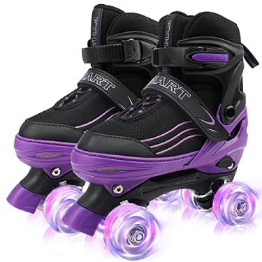 Imagem de HXWY Patins infantis para meninos e meninas, patins ajustáveis em 4 tamanhos para adultos e jovens com rodas iluminadas, patins pretos e roxos para esportes ao ar livre e internos (médio-criança