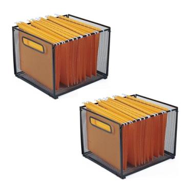 Imagem de SETTFRFE Pacote com 2 organizadores de pastas suspensas tamanho carta, caixa de pasta de arquivos pendurada de malha de metal, cestas de arquivo de escritório, preto